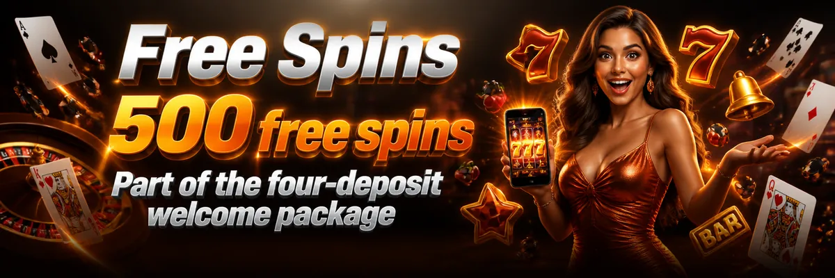 A wide-eyed player presents a fan of glossy playing cards, with floating slot symbols and orange light effects around her.